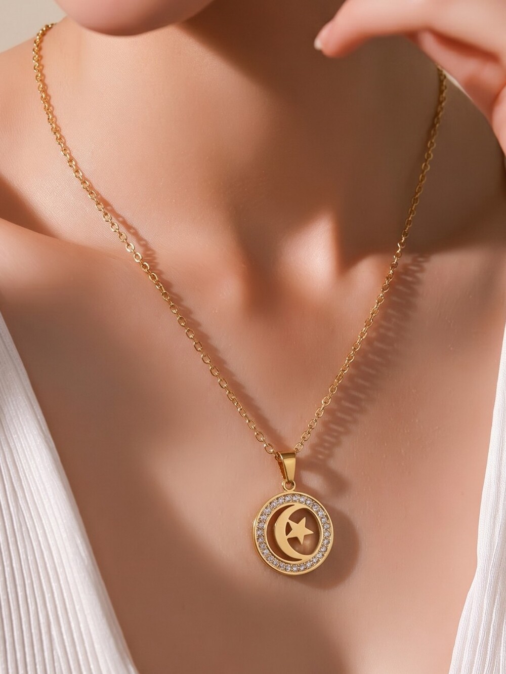 Celestial Moon Star Necklace Gold CZ Pendant 18K Gold Plated Stainless Steel